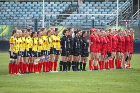 Zagreb, Croatia - 16th June, 2019 : Stjepan Spajic Stadium - European Championship in Rugby 7, womens final : Moldova vs Denmark. Moldova won 26:12 and won the first place.Moldova and Denmark players.のeditorial素材