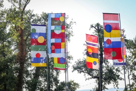 Zagreb, Croatia - 24th June, 2019 : Atmosphere during the 14th INmusic festival located on the lake Jarun in Zagreb, Croatia. Flags of the festival.のeditorial素材