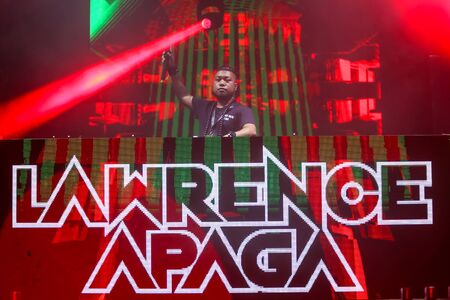 Brezje, Croatia - 19th July, 2019 : DJ Lawrence Apaga performs on the Forestland, ultimate forest electronic music festival located in Brezje, Croatia.のeditorial素材