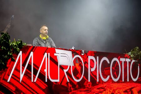 Brezje, Croatia - 19th July, 2019 : DJ Mauro Picotto performs on the Forestland, ultimate forest electronic music festival located in Brezje, Croatia.のeditorial素材
