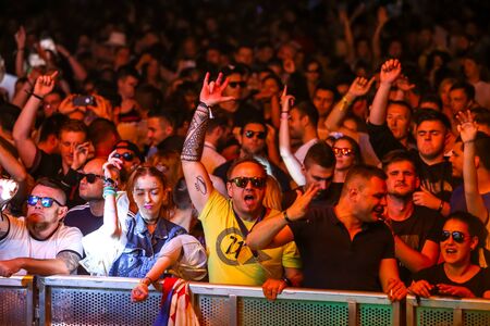 Brezje, Croatia - 19th July, 2019 : Audience during the Forestland, ultimate forest electronic music...