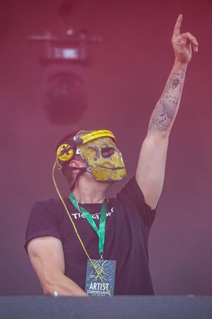 Brezje, Croatia - 20th July, 2019 : Dj The YellowHeads performs on the Forestland, ultimate forest electronic music festival located in Brezje, Croatia.のeditorial素材