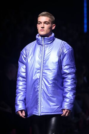 Zagreb, Croatia - October 24, 2019 : A model wearing Anthony Avangard fashion collection on the catwalk at the Bipa Fashion.hr fashion show in Zagreb, Croatia.のeditorial素材