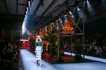 Zagreb, Croatia - October 25, 2019 : A model wearing Robert Sever fashion collection on the catwalk at the Bipa Fashion.hr fashion show in Zagreb, Croatia.のeditorial素材