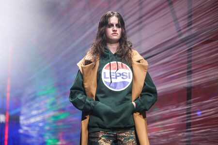 Zagreb, Croatia - October 26, 2019 : A model wearing Twins fashion collection on the catwalk at the Bipa Fashion.hr fashion show in Zagreb, Croatia.のeditorial素材