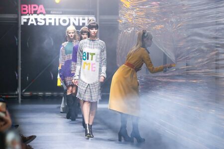 Zagreb, Croatia - October 26, 2019 : A model wearing Zoran Aragovic fashion collection on the catwalk at the Bipa Fashion.hr fashion show in Zagreb, Croatia.のeditorial素材