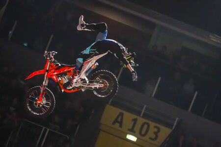 Zagreb, Croatia - December 28, 2019 : FMX motorbike driver performing on the Masters of Dirt Total Freestyle Tour 2019 - Freestyle motocross show.のeditorial素材
