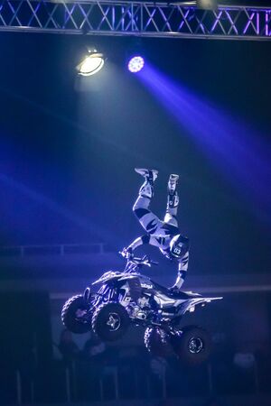 Zagreb, Croatia - December 28, 2019 : Quad driver performing on the Masters of Dirt Total Freestyle Tour 2019 - Freestyle motocross show.のeditorial素材