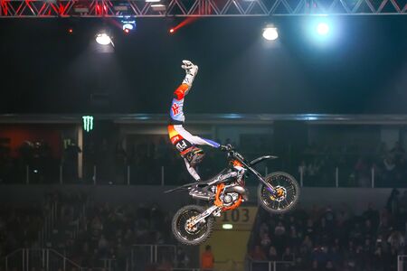 Zagreb, Croatia - December 28, 2019 : FMX motorbike driver performing on the Masters of Dirt Total...