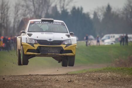 Sveta Nedjelja, Croatia - November 24, 2019. 10th Rally Show Santa Domenica. Ivan Kodric and Tomislav Pazman in Skoda Fabia R5 at the jump section of the track.のeditorial素材