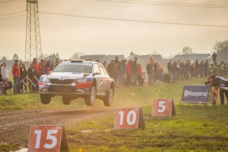 Sveta Nedjelja, Croatia - November 24, 2019. 10th Rally Show Santa Domenica. Peter Ranga and Viktor Ban in Skoda Fabia R5 at the jump section of the track.のeditorial素材