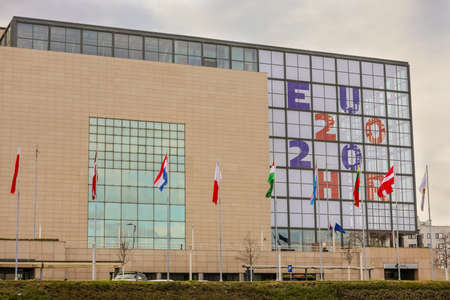 Zagreb, Croatia - February 19, 2020 : Exterior view of the building of national and university library in Zagreb that is the center of the Council of the EU for six months, from January till June 2020.のeditorial素材