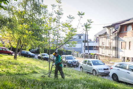 Zagreb, Croatia - April 22, 2020 : Utility workers mow the city park with trimmers and lawn mowers...