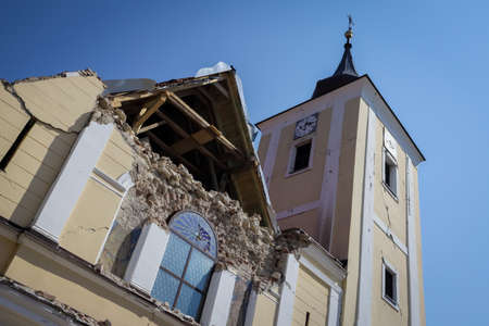 Zagreb, Croatia - 12 April, 2020 : Church of the Visitation of the Blessed Virgin Mary destroyed after strong earthquake that happened on 22nd March, 2020. Front part of the church have collapsed.のeditorial素材