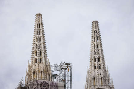 Zagreb, Croatia - 15 April, 2020 : The Zagreb cathedral without both crosses on the top of the towers after earthquake that have damage it in Zagreb, Croatia.のeditorial素材