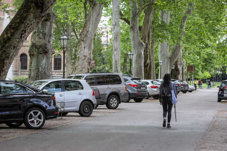 Zagreb, Croatia - April 16, 2020 : People after strong earthquake that damage lots of cars are parking cars in park Zrinjevac because of fear that a new earthquake would damage the cars.のeditorial素材