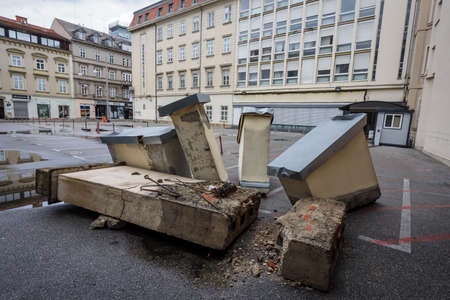 Zagreb, Croatia - April 16, 2020 : Damaged chimneys that was damaged by the earthquake of 5.5 on the...