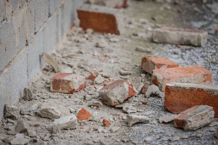 Scattered and damaged bricks on the balcony of the house after a strong earthquake of 5.5 on the Richter scale one month ago in Zagreb, Croatiaの写真素材