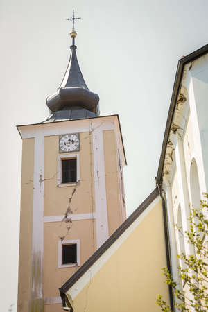 Zagreb, Croatia - 12 April, 2020 : Damage Church of the Visitation of the Blessed Virgin Mary in Cucerje after a strong earthquake of 5.5 on the Richter scale in Zagreb, Croatia.のeditorial素材