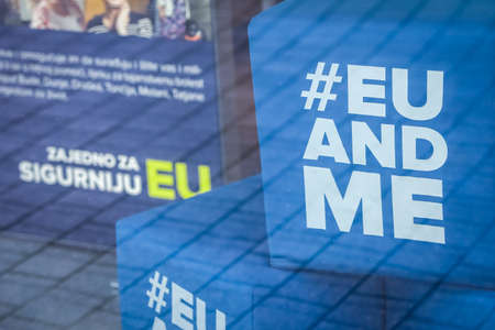 Zagreb, Croatia - 19 March, 2020 : In the window of the European House there are cubes with the inscription Eu and me in Zagreb, Croatia.のeditorial素材