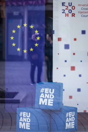 Zagreb, Croatia - 19 March, 2020 : In the window of the European House there are cubes with the...