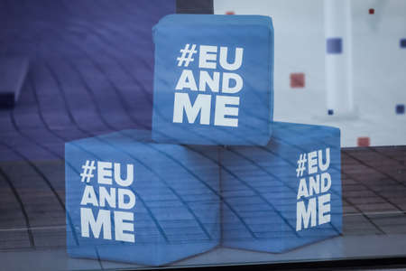 Zagreb, Croatia - 19 March, 2020 : In the window of the European House there are cubes with the...