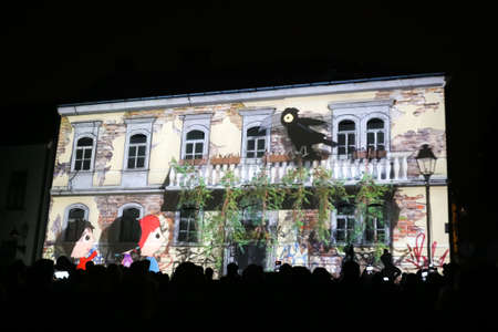 Zagreb, Croatia - 16 March, 2018 : Old building in upper town illuminated by colorful images during the Festival of Lights 2018 in the center of Zagreb.のeditorial素材