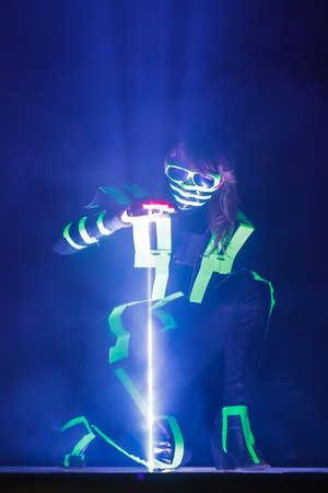 Zagreb, Croatia - 16 March, 2018 : Laser show performance of dance group Atomic Dance Factory at the Tuskanac summer stage during Festival of lights in Zagreb.のeditorial素材