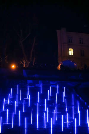 Zagreb, Croatia - 16 March, 2018 : Festival of lights. Installed color neon lamps in Art park Zagreb in the center of Zagreb.のeditorial素材