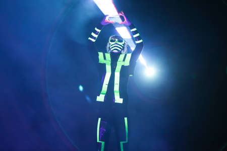 Zagreb, Croatia - 16 March, 2018 : Laser show performance of dance group Atomic Dance Factory at the Tuskanac summer stage during Festival of lights in Zagreb.のeditorial素材