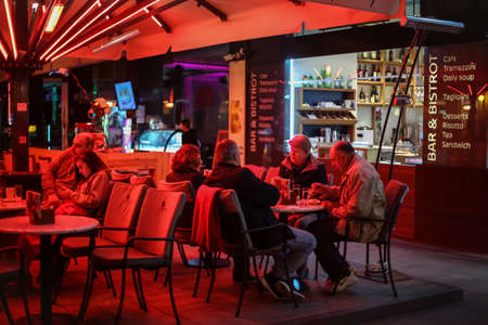 Zagreb, Croatia - 19 March, 2017 : People enjoying a drink on the terrace of the cafe bar during the night in downtown of Zagreb, Croatia.のeditorial素材