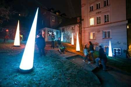Zagreb, Croatia - 19 March, 2017 : Festival of lights in Zagreb, Croatia. People walking next to the lighting installations in center of Zagreb.のeditorial素材