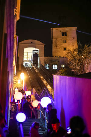 Zagreb, Croatia - 19 March, 2017 : Festival of lights in Zagreb, Croatia. People on the stairs to the upper town with installed color ball lamps, next to the funicular in the center of Zagreb.のeditorial素材