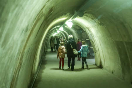 Zagreb, Croatia - 19 March, 2017 : Festival of lights in Zagreb, Croatia. People walking through a lighted tunnel Gric with in a center of Zagreb.のeditorial素材