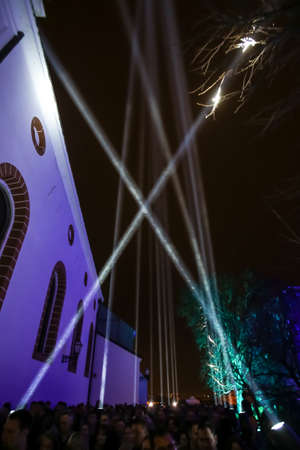 Zagreb, Croatia - 19 March, 2017 : Festival of lights in Zagreb, Croatia. People looking at illuminated buildings and presentation of light beams on the upper town in Zagreb, Croatia.のeditorial素材