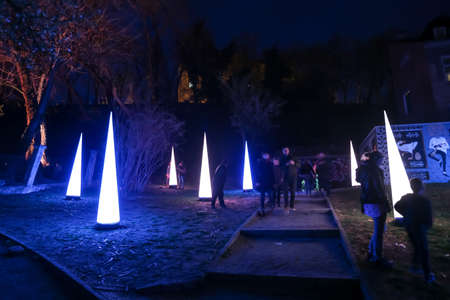 Zagreb, Croatia - 19 March, 2017 : Festival of lights in Zagreb, Croatia. People walking next to the lighting installations in center of Zagreb.のeditorial素材