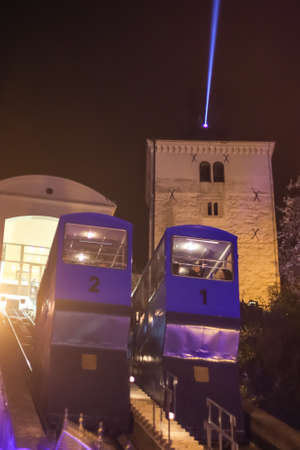 Zagreb, Croatia - 19 March, 2017 : Funicular during night in the center of Zagreb during Festival of lights.のeditorial素材