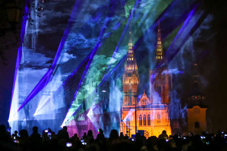 Zagreb, Croatia - 19 March, 2017 : Festival of lights in Zagreb, Croatia. People watch a laser show...