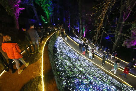 Zagreb, Croatia - 24 March, 2018 : People walking on illuminated park like flowers in a Vrazs promenade in upper town of Zagreb.のeditorial素材