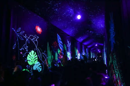 Zagreb,Croatia - 24 March, 2019 : People walking through the illuminated tunnel with ultraviolet light that illuminates the drawings on the canvas along the tunnel during Festival of lights in Zagreb.のeditorial素材
