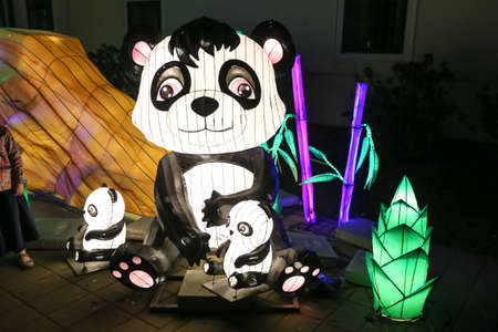 Zagreb, Croatia - 24 March, 2019 : Illuminated sculptures of pandas in the woods during Festival of lights in Zagreb.のeditorial素材