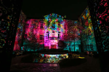 Zagreb, Croatia - 24 March, 2019 : Illuminated building with a projector on the upper town during Festival of lights in Zagreb, Croatia.のeditorial素材