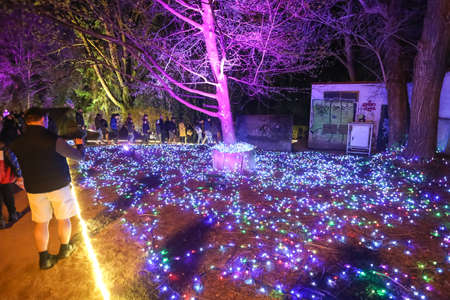 Zagreb, Croatia - 24 March, 2018 : People walking on illuminated park like flowers in a Vrazs promenade in upper town of Zagreb.のeditorial素材