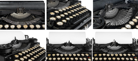 Old antique vintage portable typewriter close-up of a mechanism font and a blank sheet of paper. Antique typewriter in black with white keys of the Polish alphabet. The device isolated on a white background with light shadow and reflection.の写真素材