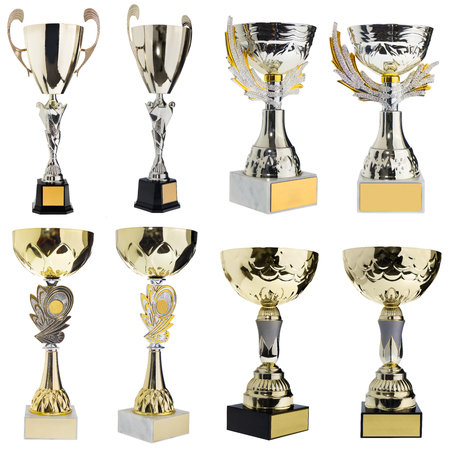 Winner's cup, silver, gold prize in the competition. Trophy in championships isolated on a white background.. There is a place for the title of the winner.の写真素材