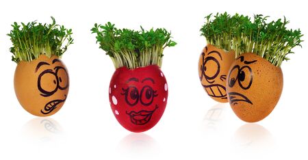 Handpainted Easter eggs in funny scared and surprised cartoonish faces with cress like hair. Handmade multicolored eggs look at the outstanding foreign individual egg. The watercress stylized for the hairstyle of the character.の写真素材