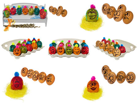 Easter eggs, hand-painted with smiling and terrified cartoon faces. Decorated eggs with funny colorful hairstyles put in a cardboard box, container for eggs. Figures on a white background.の写真素材