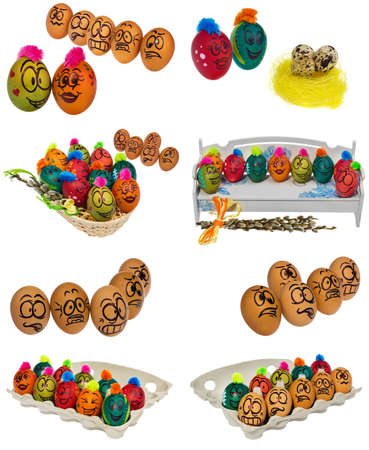 Easter eggs, hand-painted with smiling and terrified cartoon faces. Decorated eggs with funny colorful hairstyles put in a cardboard box, container for eggs. Figures on a white background.の写真素材