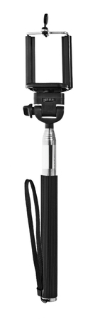 Selfie stick with remote control for taking pictures and videos. Silver monopod with black rubber handle. Hand holding smartphone on white background.の写真素材