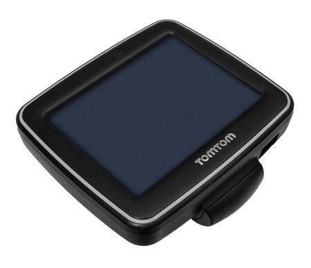 TomTom GPS car navigation with handle. Black electronic map device with blue screen and silver border. Satellite navigation device on white background.のeditorial素材